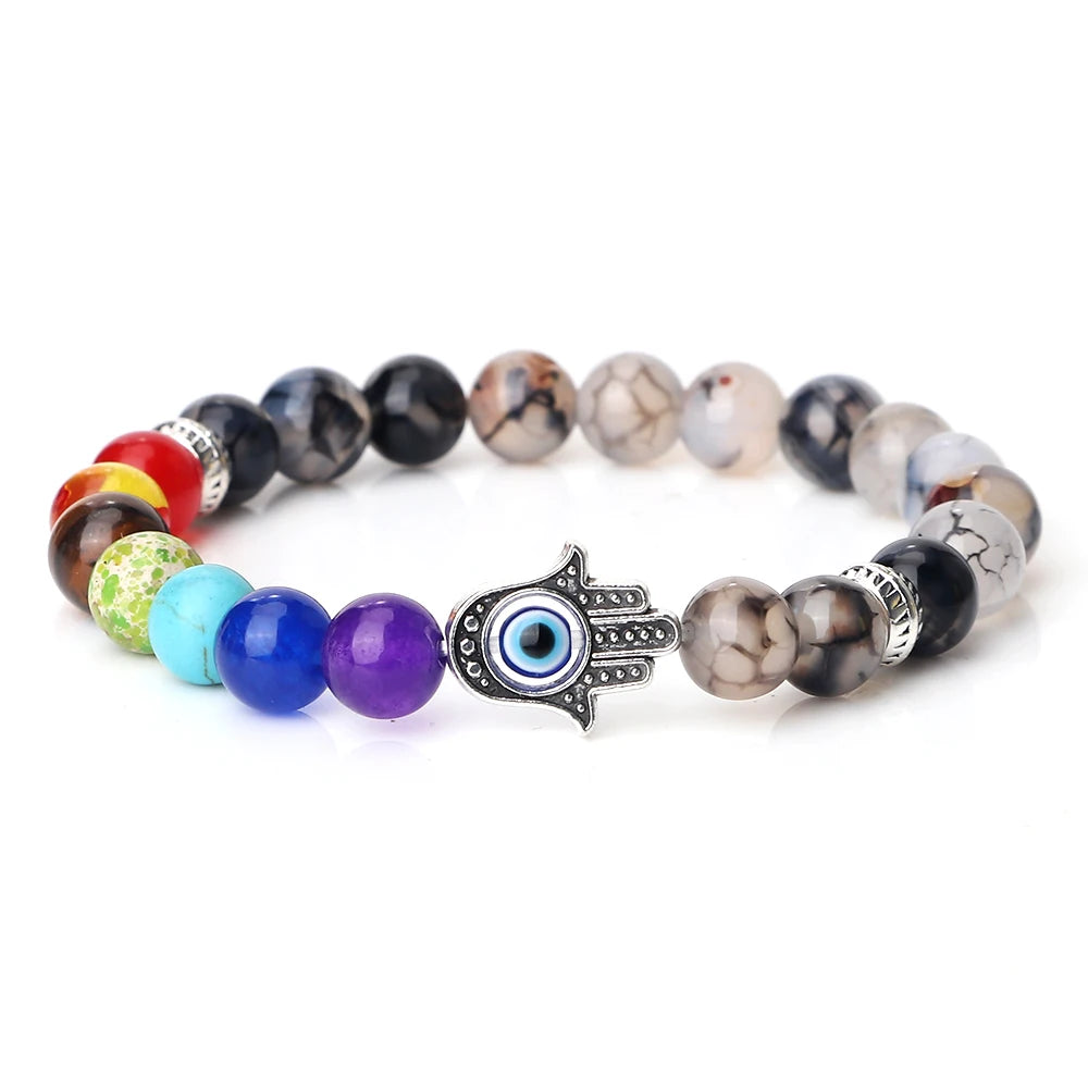 🧿 7 Chakra Protection Bracelet for Men: Natural Tiger Eye & Lava Stone with Evil Eye & Hamsa Hand – Anxiety Relief, Luck & Energy Healing Bangle Black Dragon Pattern