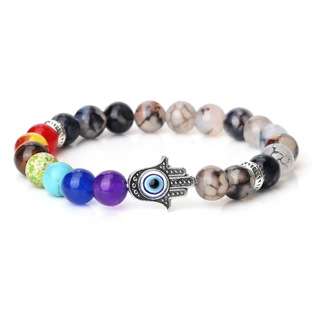 🧿 7 Chakra Protection Bracelet for Men: Natural Tiger Eye & Lava Stone with Evil Eye & Hamsa Hand – Anxiety Relief, Luck & Energy Healing Bangle Black Dragon Pattern