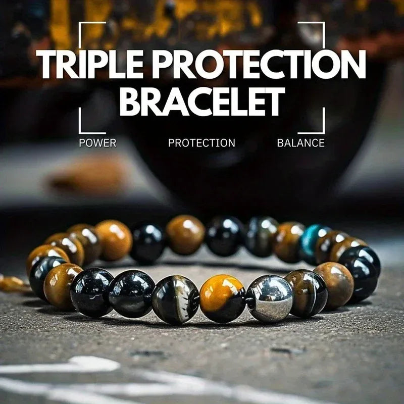 🛡️ The Ultimate Triple Protection Bracelet: Black Tourmaline, Tiger Eye & Hematite for Power & Balance