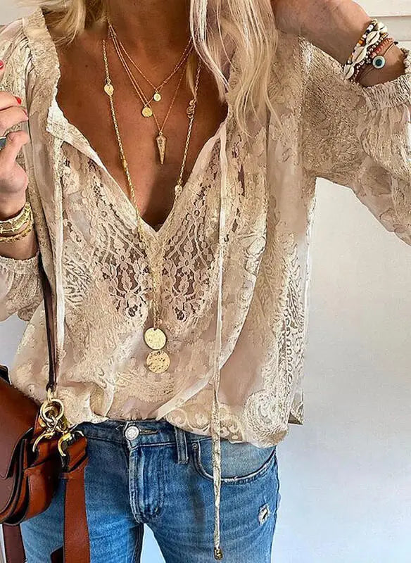 2025 Women's Boho Lace Blouse - Elegant Deep V Neck Pullover Top for Spring Summer Casual Wear Khaki
