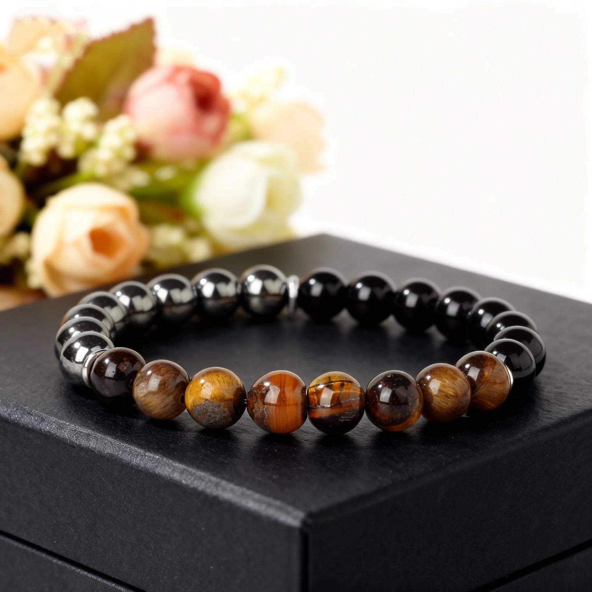 ✨ Classy Autumn & Winter Jewelry – Blue & Yellow Hematite Tiger’s Eye Bracelet – Unique Natural Stone Accessory for Family Banquets