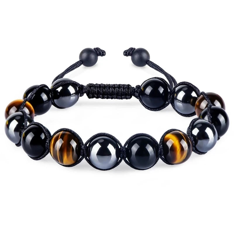 🛡️ Triple Protection Bracelet: Tiger Eye, Black Obsidian & Hematite 8mm Beads – Ultimate Energy Shield, Grounding & Healing Crystal Bangle for Men & Women 10MM-Bead Bracelet-3
