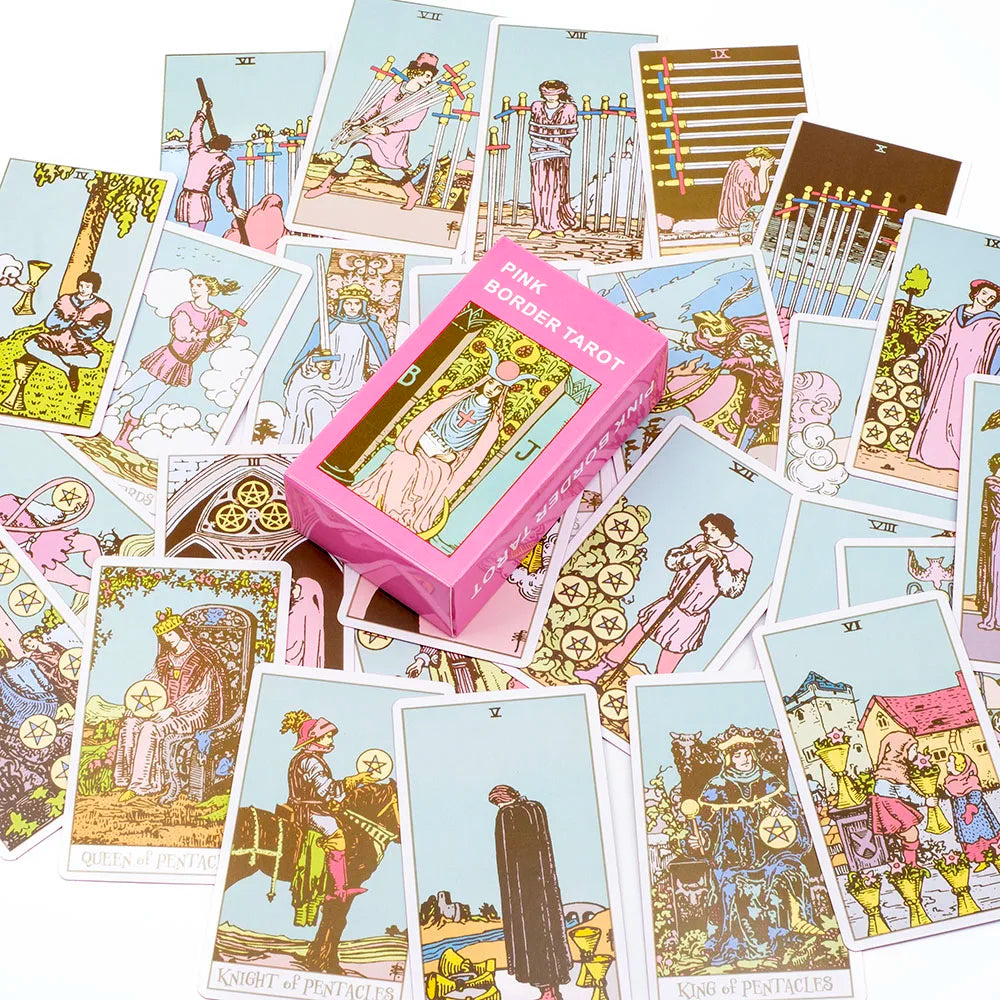 🌸Pink Border Tarot Card Deck with Guidebook – 78 English Cards for Family Divination & Party Game