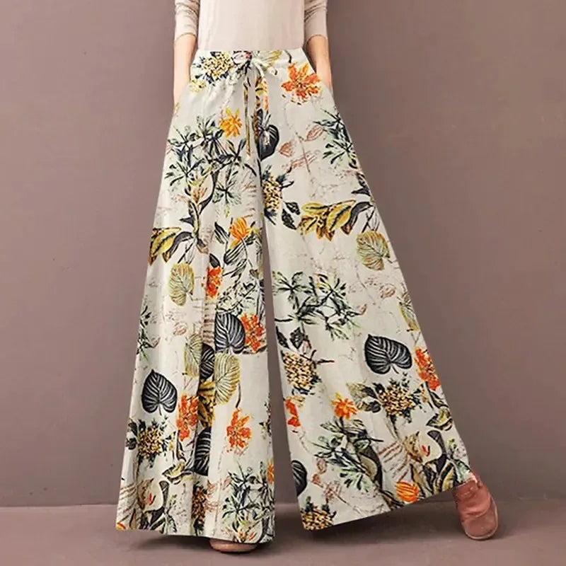 Women's Bohemian Floral Wide Leg Pants - Casual Drawstring Trousers for Spring and Autumn