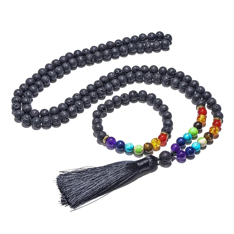 🌋 8mm Black Lava Stone & 7 Chakra Healing Mala Necklace (108 Beads) – Aromatherapy Diffuser, Meditation Prayer Beads & Yoga Japamala Rosary Set Set
