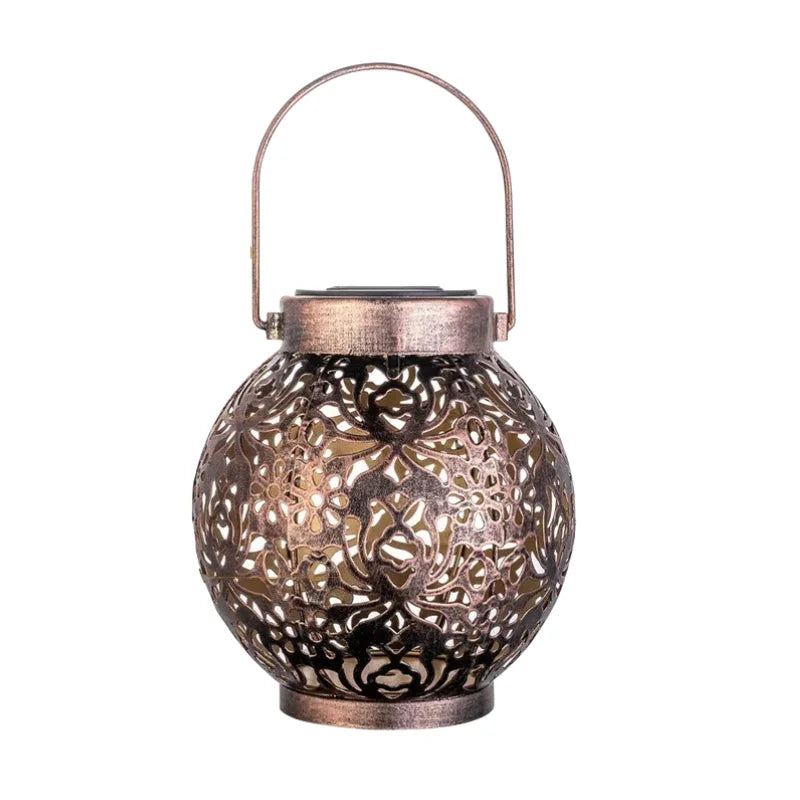 Solar LED Lantern with Hollow Wrought Iron Design – Waterproof Outdoor Hanging Projection Lamp for Garden and Yard Decor