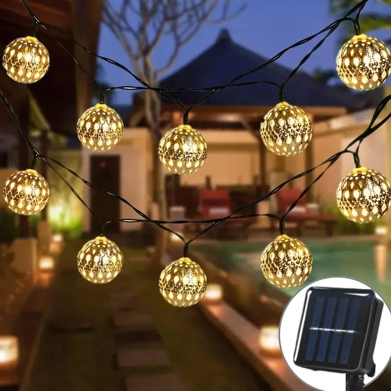 Solar Moroccan Ball String Lights – Multi-Mode Waterproof LED Fairy Lights for Festive Outdoor Ambiance and Garden Decor