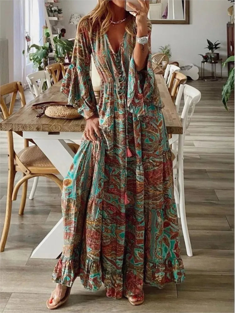 Bohemian Floral Dress – Retro Printed V-neck, High Waist, Bell Sleeve Design for Spring & Autumn