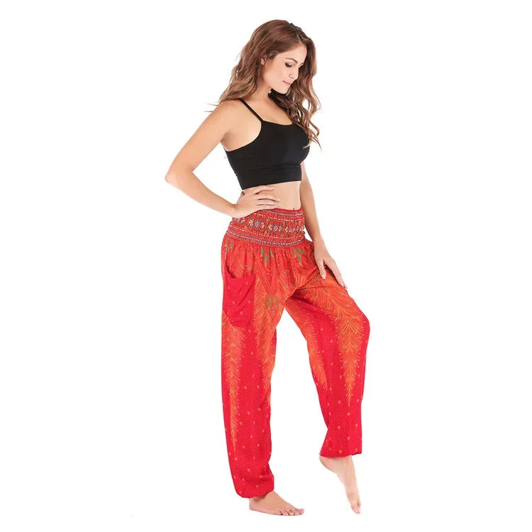 Women's Boho Yoga Pants - High Waist Floral Print Harem Leggings with Pockets for Comfort and Style