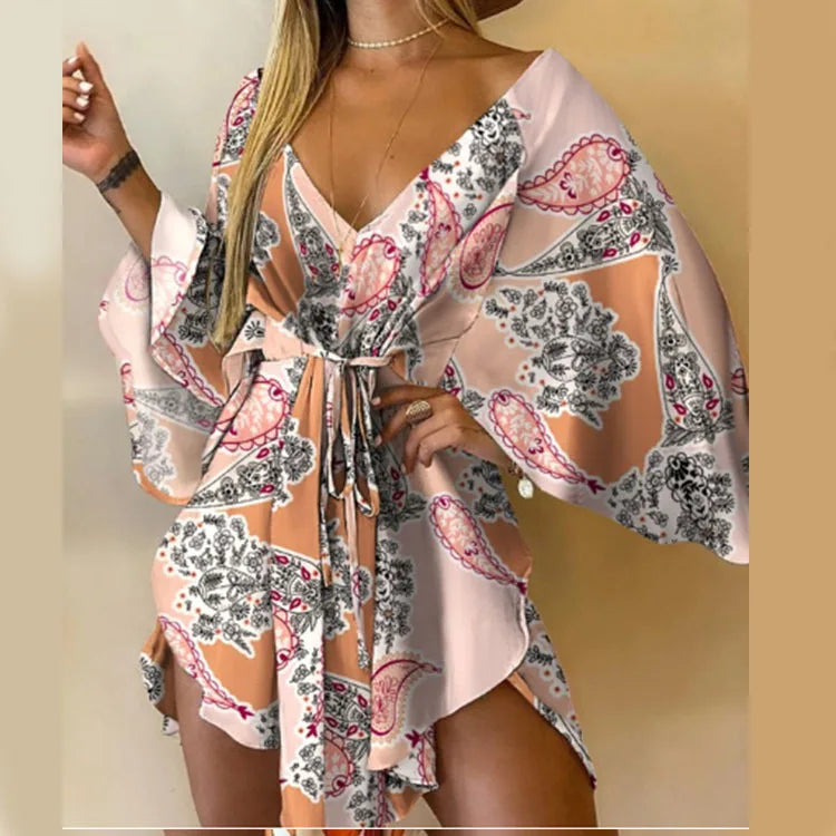 Women Print Dress Sexy V-Neck Bat Sleeve Ruffl Flowers Print Bohemian Beach Sundress Ladies Loose Summer Vacation Mini Dresses Pink