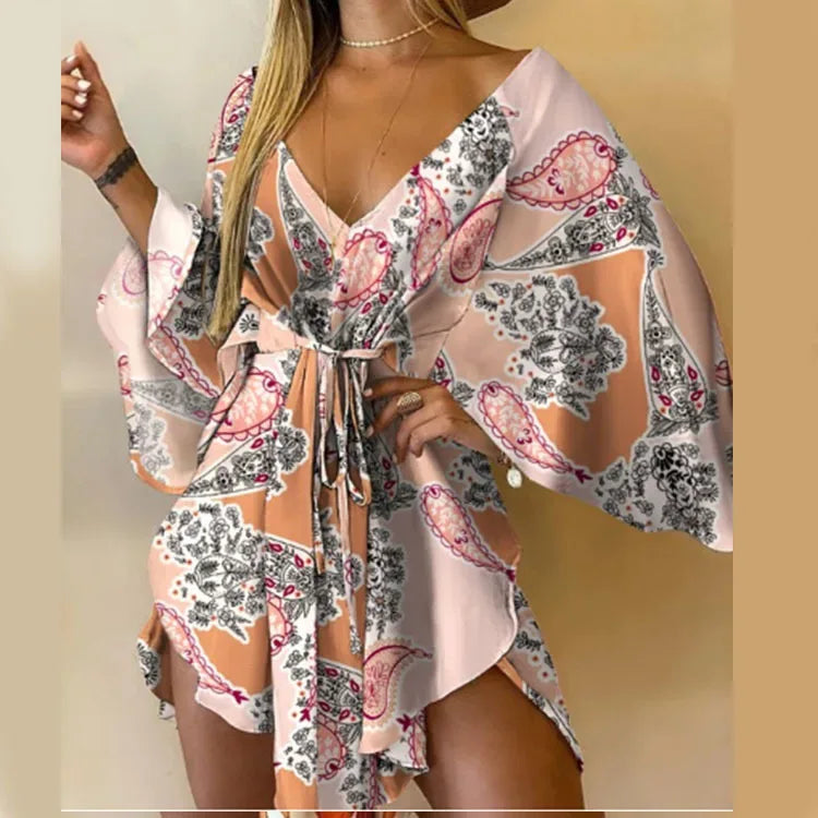 Women’s Bohemian Floral Mini Dress - Sexy V-Neck, Batwing Sleeves & Ruffle Detail Pink