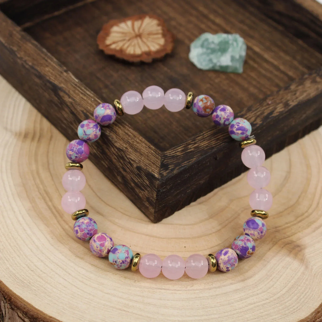 🌈 The "Royal Bloom" Bracelet: Rainbow Imperial Jasper (Emperor Stone) Heart & Flower Bangle