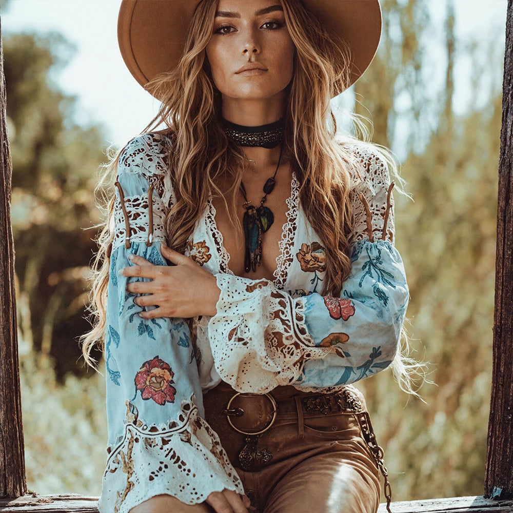 🛍️ 2025 Bohemian Floral Lace-Up Long Sleeve Blouse – Women’s Flare Sleeve Retro Tribal Style Elegant Casual Tops