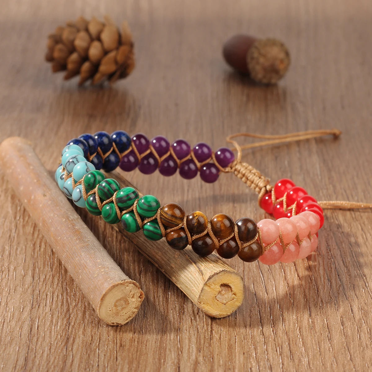 ✨ 7 Chakras Double-Layer Woven Adjustable Ankle Chain with Natural Tiger’s Eye and Colorful Beads – Boho Chic Foot Ornament for Women