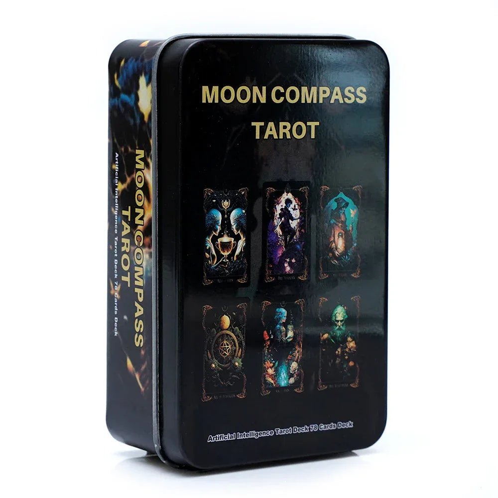 🌙 DMoon Compass Tarot & Del Toro Tarot Deck – 78 Cards | Gilded Edge, Paper Guidebook | Beginner Friendly | Tin Metal Box