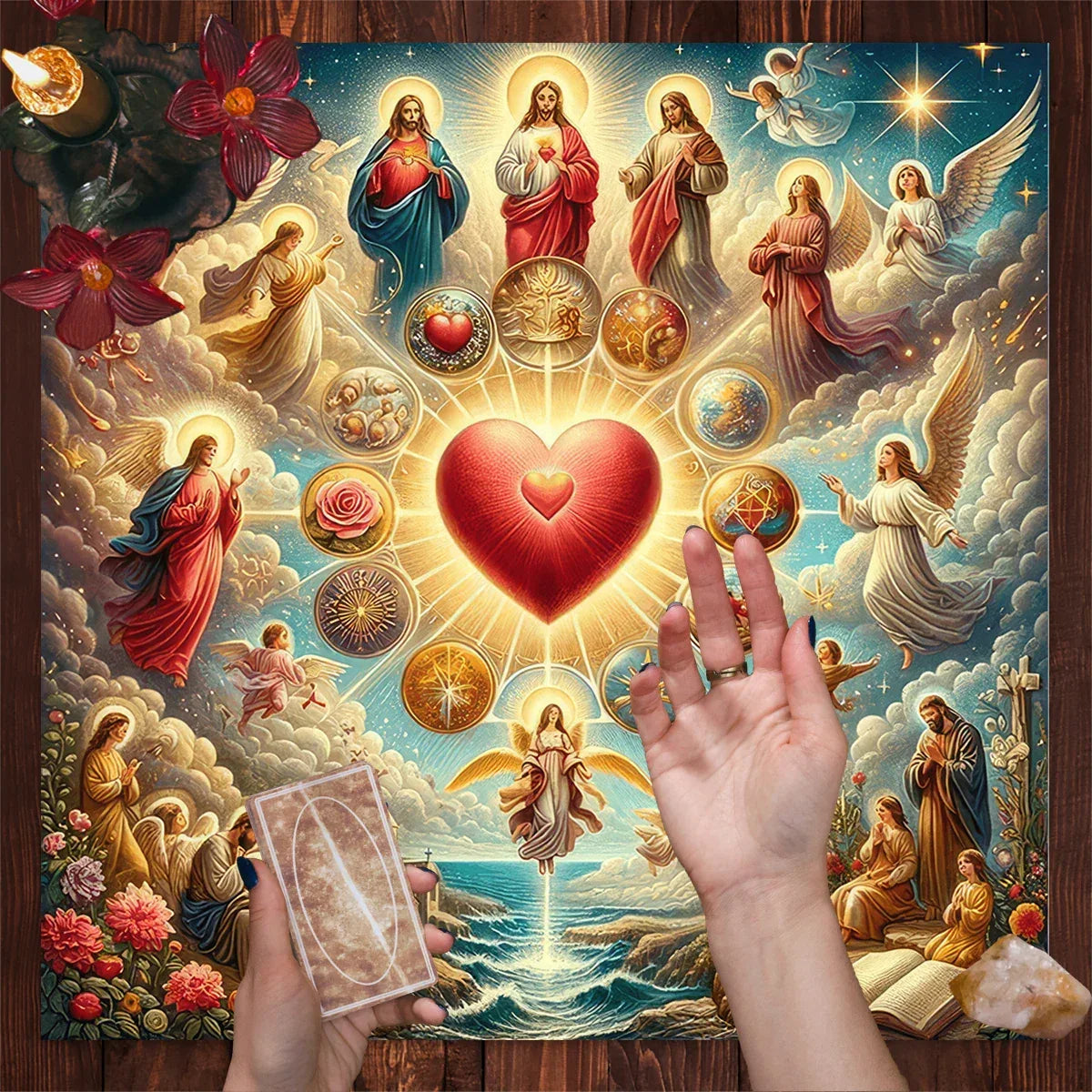 🔮 Sacred Heart & Celestial Symbols Tarot Tablecloth – Mystical Astrology Altar Cloth for Tarot Readings, Divination & Meditation