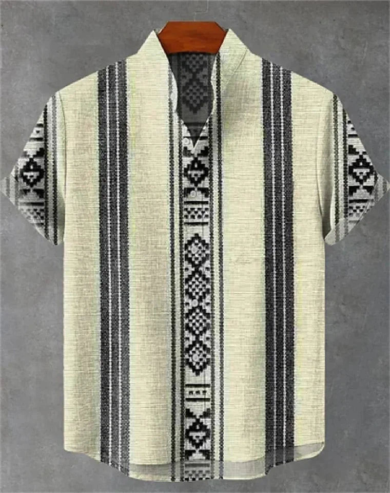 🌍 The Ethnic Heritage Edition: Premium Men’s Retro Linen Shirt – High-Definition Tribal Graphic Print, Breathable Organic Cotton-Linen Blend, and Sophisticated Modern-Fit Holiday Streetwear