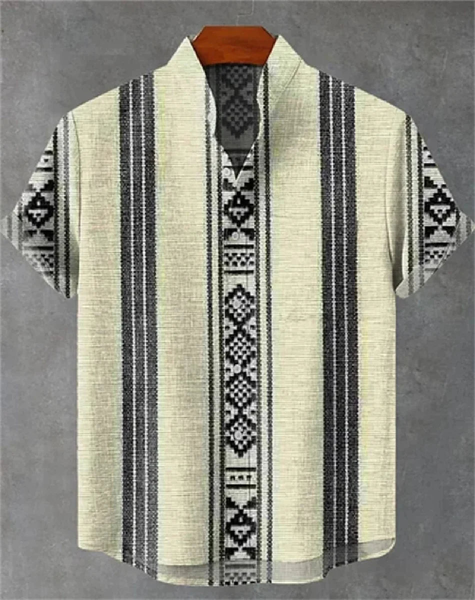 🌍 The Ethnic Heritage Edition: Premium Men’s Retro Linen Shirt – High-Definition Tribal Graphic Print, Breathable Organic Cotton-Linen Blend, and Sophisticated Modern-Fit Holiday Streetwear bkcs4