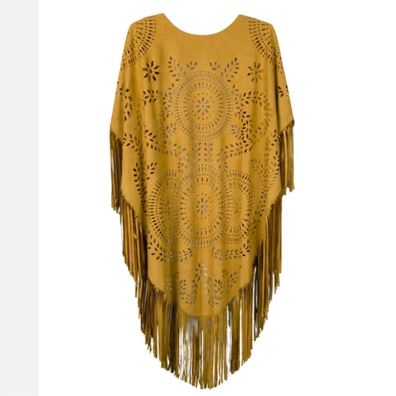 Camel Suede Floral Hollow Out Fringe Tassel Shawl Women Vintage Capes Ponchos Autumn Bohemian cardigan Cloak Boho Capes One Size 6