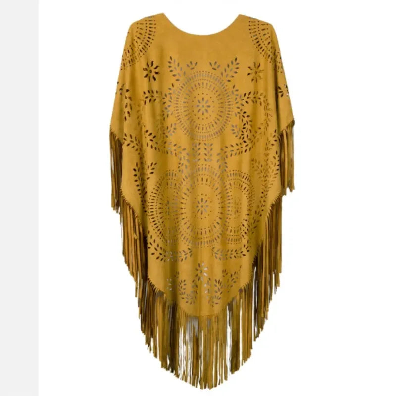Camel Suede Fringe Shawl - Vintage Bohemian Floral Hollow Out Poncho Cape for Autumn One Size 6