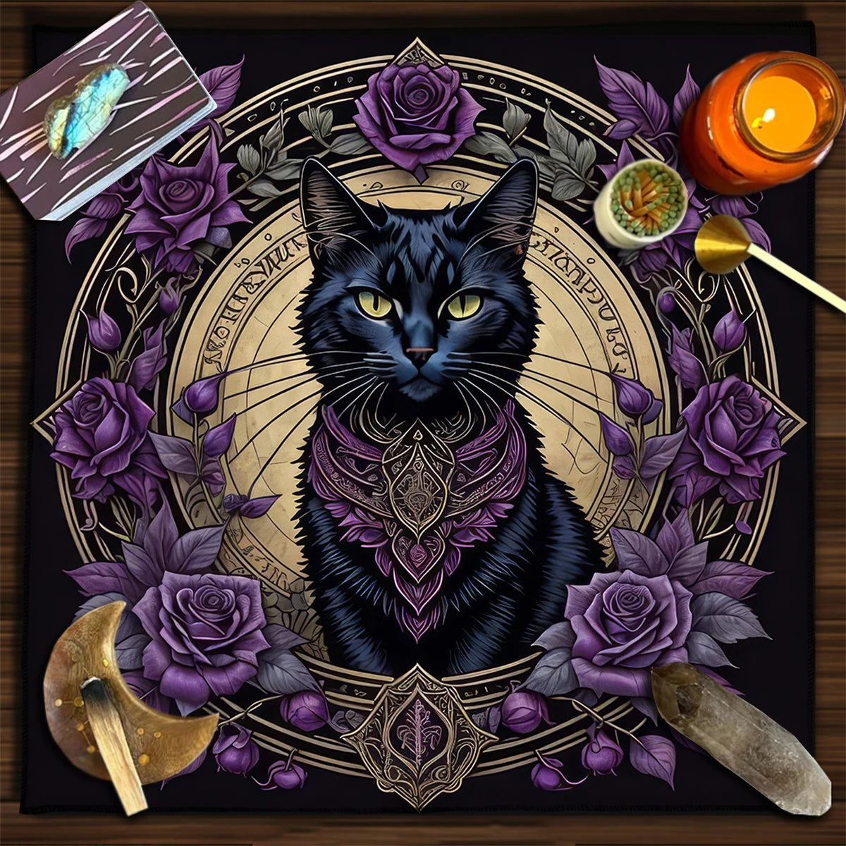 🔮Colorful Mandala Black Cat Altar Cloth – Tarot Tablecloth with Moon & Starry Sky for Witchcraft, Divination & Mystical Home Decor TLB (847)