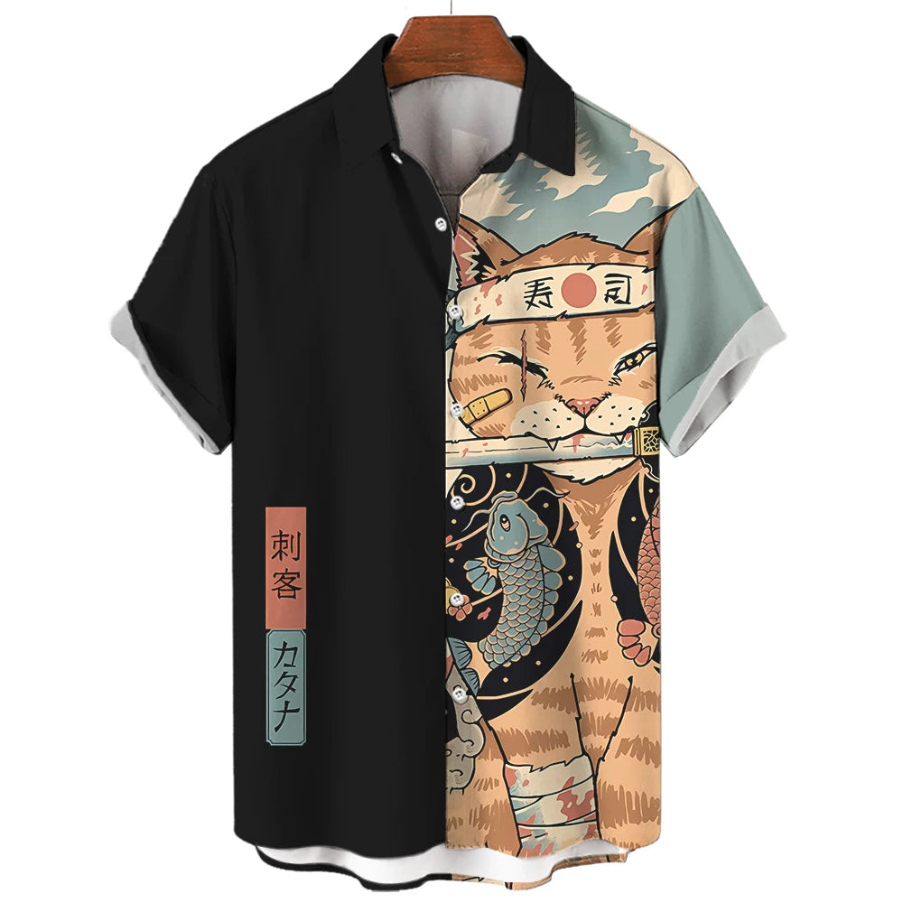 🐱⚔️The Samurai Neko Edition Premium Unisex 3D Printed Japanese Samurai Cat Shirt - High-Definition Bushido Feline Graphic Quick-Dry Hawaiian Beach Shirt, Breathable Urban-Streetwear Short-Sleeve Casual Apparel