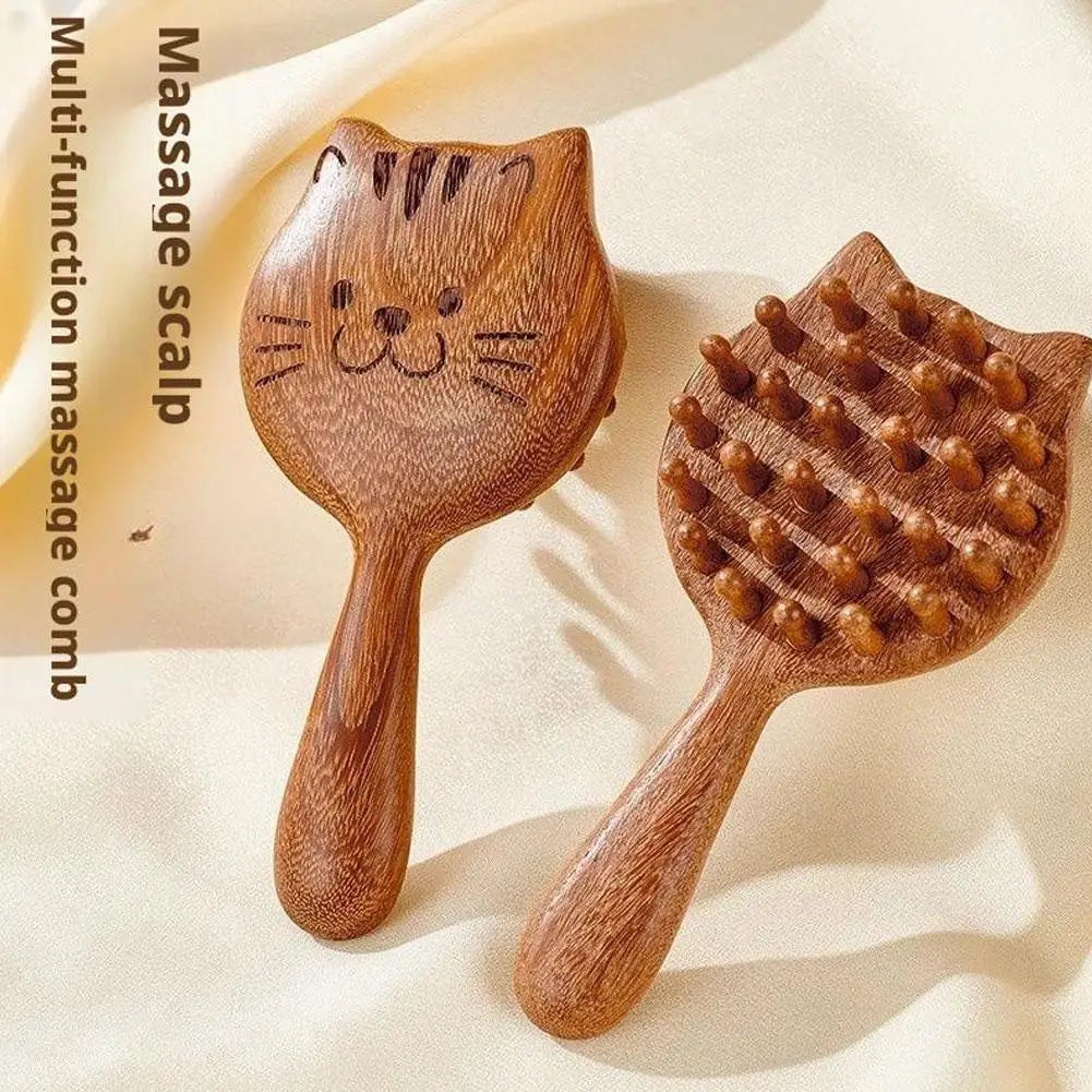 Sandalwood Scalp Massage Comb – Cat Shape Wooden Wide Tooth Guasha Scraping Comb for Hair and Body Massage﻿