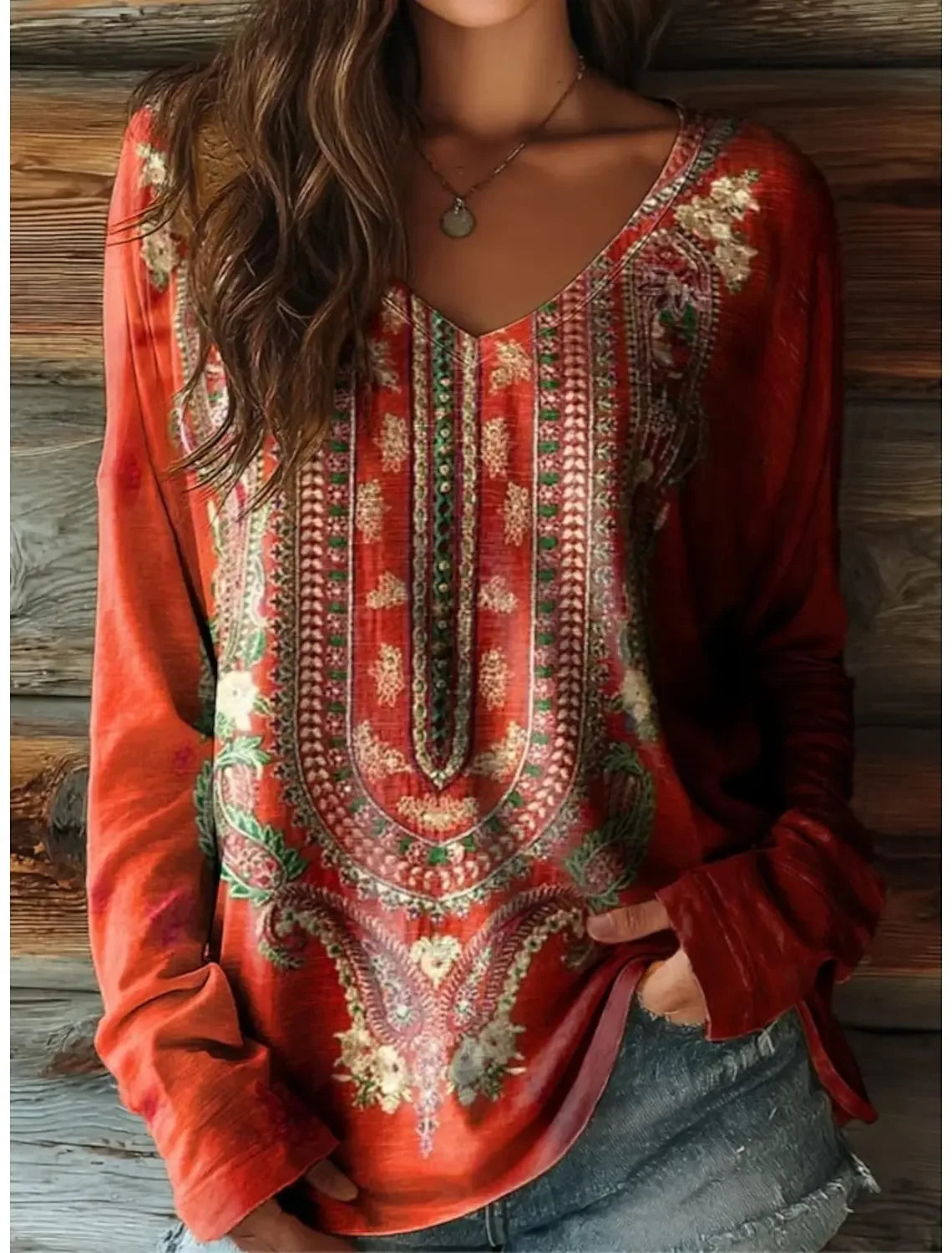 Vintage Women's Floral T-Shirt - Elegant Long Sleeve V-Neck Pullover for Fall and Winter AFZHH2025241CU