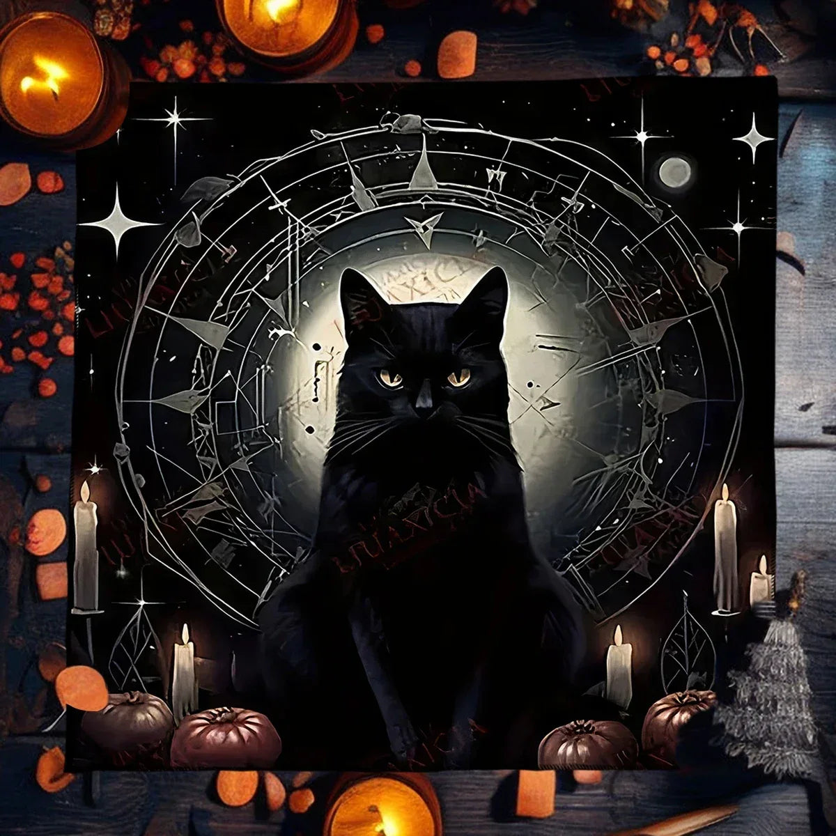 🌑Altar Table Cloth | Witchcraft Black Cat & Star Design | Tarot & Astrology Oracle Cards Pad | Home & Room Decor