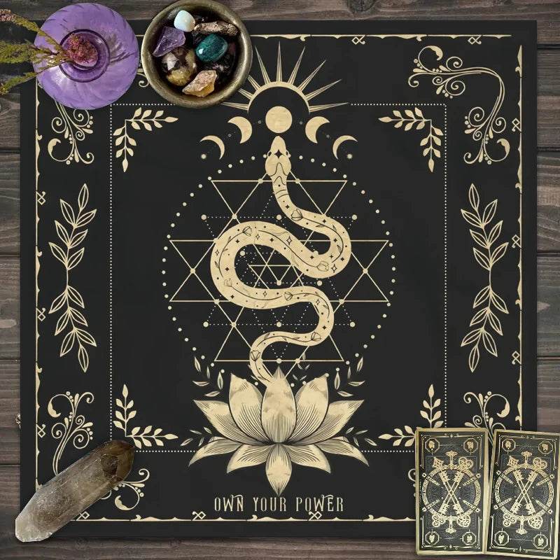 Black and gold snake lotus design astrology tarot tablecloth for readings ceremonial altar cloth