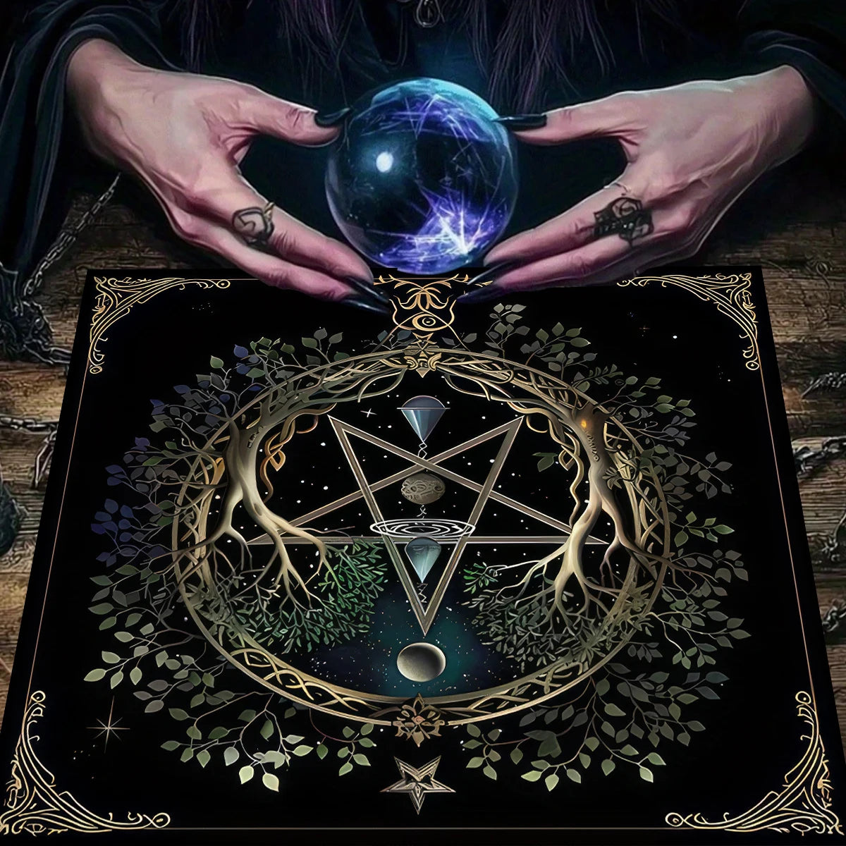 Pentagram Flowers & Plants Tarot Card Tablecloth Polyester Moon Tree of Life Altar Cloth Pagan Starry sky Divination Home Decor TLB (934)
