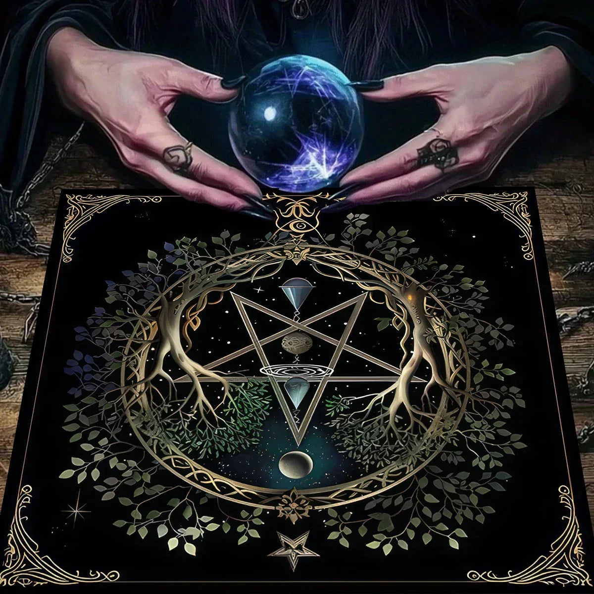 Pentagram Flowers & Plants Tarot Card Tablecloth Polyester Moon Tree of Life Altar Cloth Pagan Starry sky Divination Home Decor TLB (934)