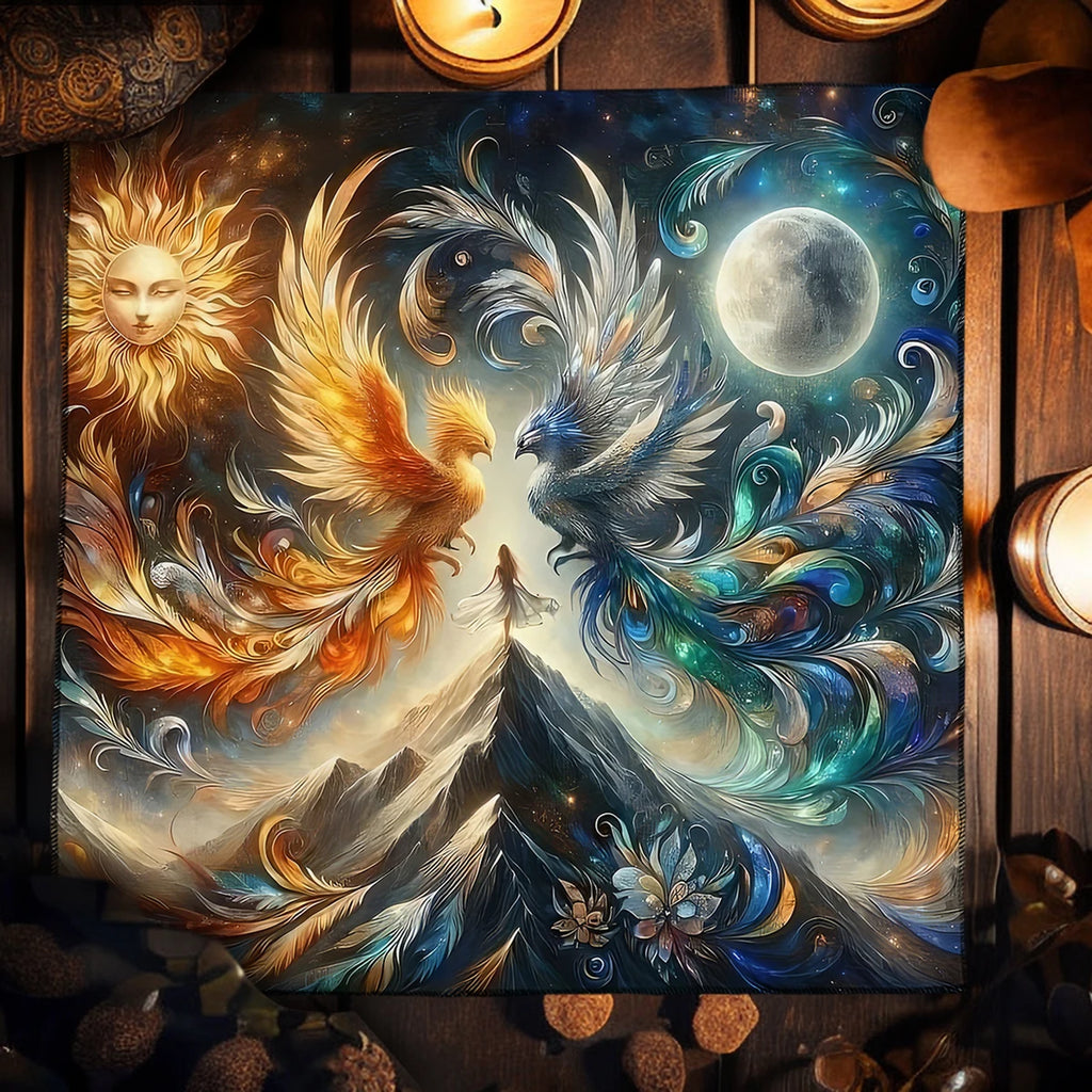 🧿Mystical Sun & Moon Phoenix Tarot Tablecloth – Ice and Fire Phoenix Altar Cloth for Powerful Tarot Readings, Witchcraft & Celestial Home Decor