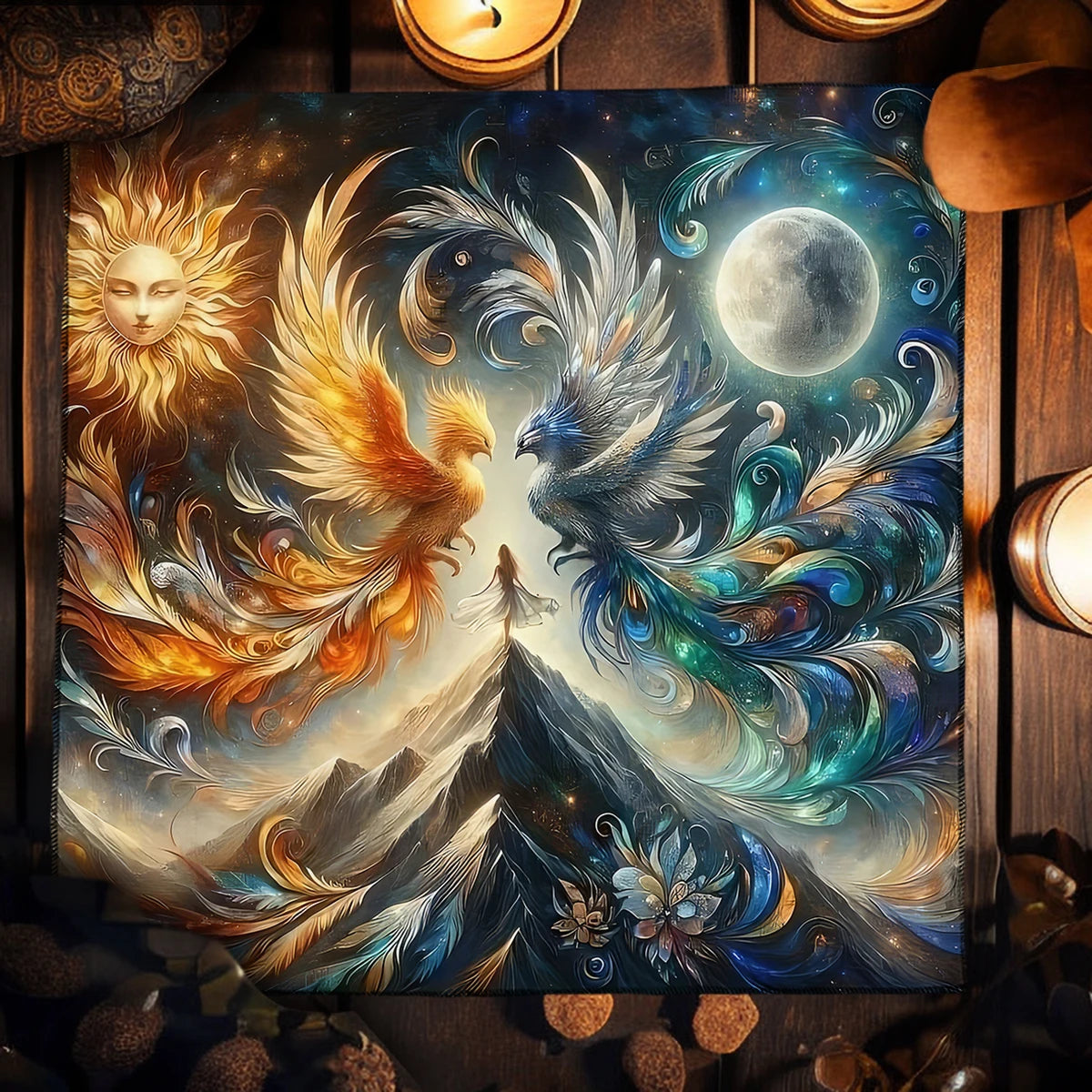 🧿Mystical Sun & Moon Phoenix Tarot Tablecloth – Ice and Fire Phoenix Altar Cloth for Powerful Tarot Readings, Witchcraft & Celestial Home Decor