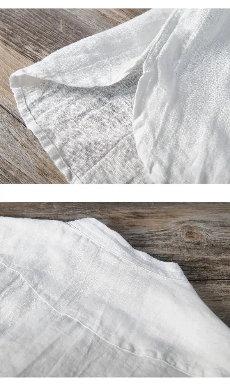 🌿 The Zen-Essential Pure Linen Top: Premium Men’s 100% Organic Linen V-Neck Shirt – Loose Fit Vintage Silhouette, Breathable Half-Sleeve Design, and Ultra-Lightweight Summer Casual Tee