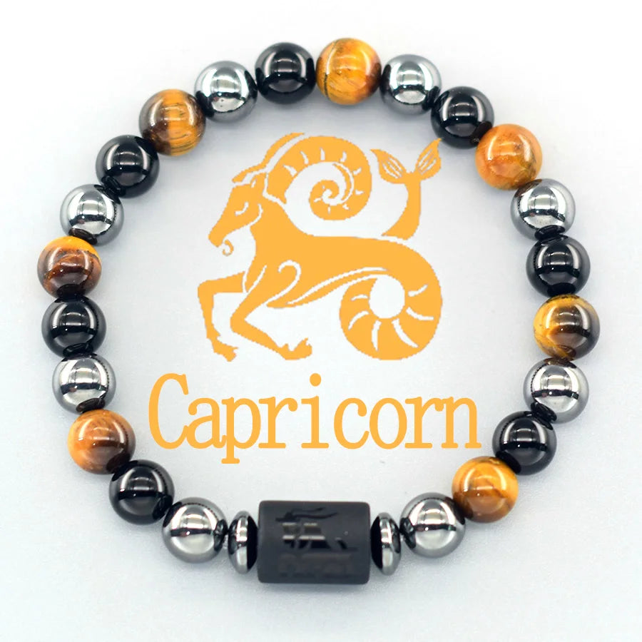 ✨ 12 Zodiac Sign Bracelet Homme – Natural Yellow Tiger Eye Stone & Hematite Constellation Bangle – Cancer, Taurus, Libra Astrology Bracelet for Women 8 Capricorn 8 mm Beads