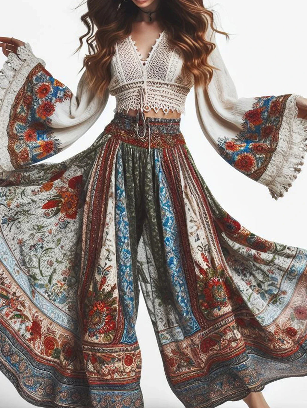 👖 Elegant Women’s Trousers – Bohemian Style Classic Retro Floral Pattern, Elastic High Waist Wide Leg Pants