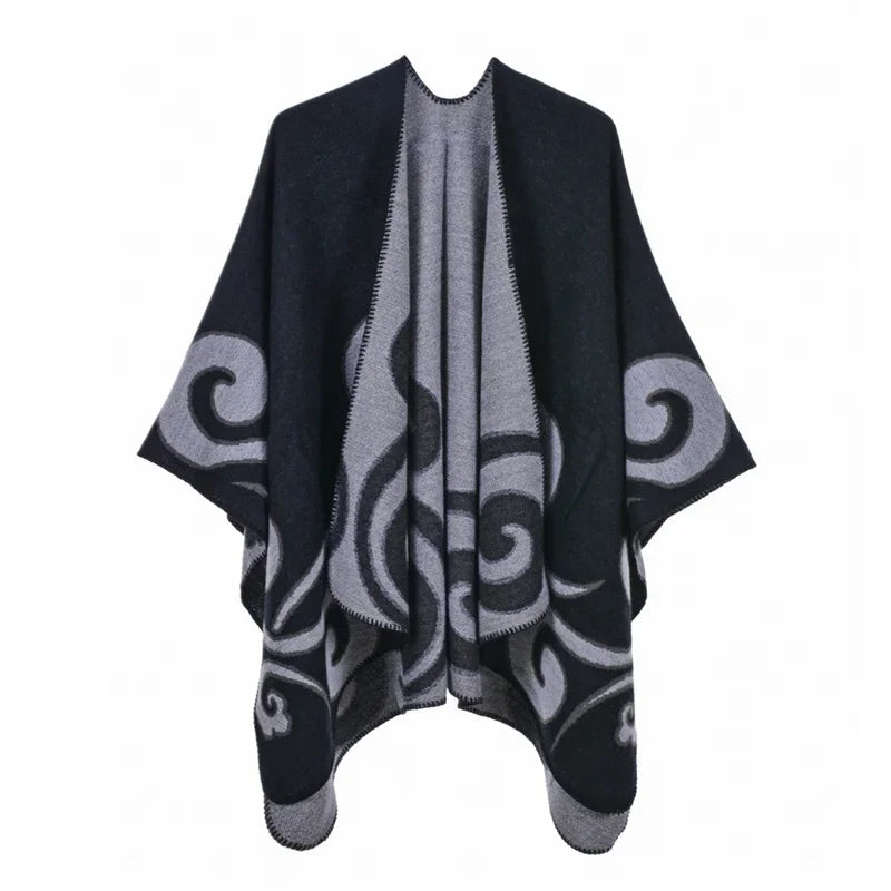 Winter Fashion Poncho Women Capes Scarf Imitation Cashmere Ladies Scarves Warm Shawls Wraps Woman Ponchos Bufanda Mujer Foulard One Size 1cloud-black