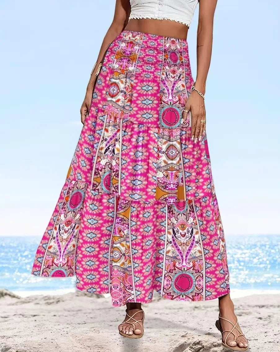 👗 Fashion Boho Printed Long Skirt – Casual Retro Vacation Style with Elastic Waist and A-line Big Hem for Women, Spring Summer New
