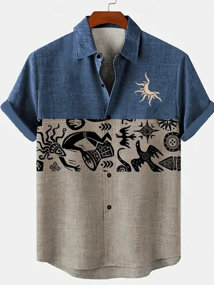 🌍 The Ethno-Vintage Heritage Shirt: Premium Men’s Organic Linen Hawaiian Top – High-Definition Tribal Artistic Print, Breathable Short-Sleeve Casual Button-Down, and Sophisticated Street-Style Silhouette