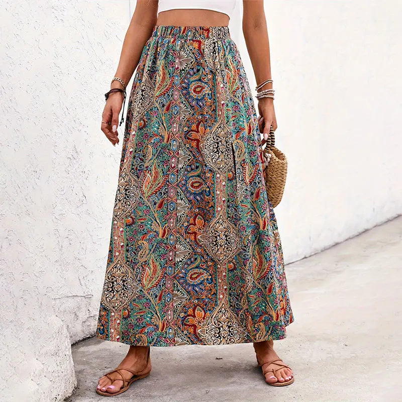 👗&nbsp;Bohemian Boho Retro Floral Print Skirts – Women’s Indie Folk Summer High Waist A-Line Pleated Long Skirts