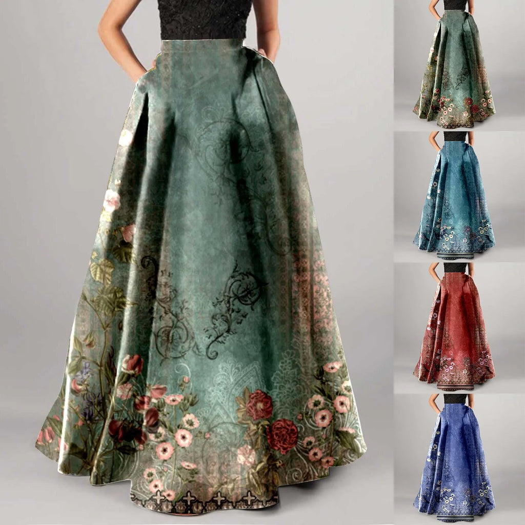 👗 Summer Bohemian Print Long Skirts – Women’s Boho Holiday Floral High Waist Pleated Maxi Skirt