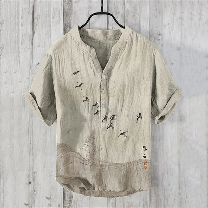 🖌️ The Zen Ink Artisan: Premium 2026 Men’s 3D Japanese Landscape Shirt – High-Definition Bamboo, Bird & Koi Ink-Wash Print, Breathable Wrinkle-Resistant Hybrid, and Sophisticated Henry V-Neck Casual Button-Down HTY908