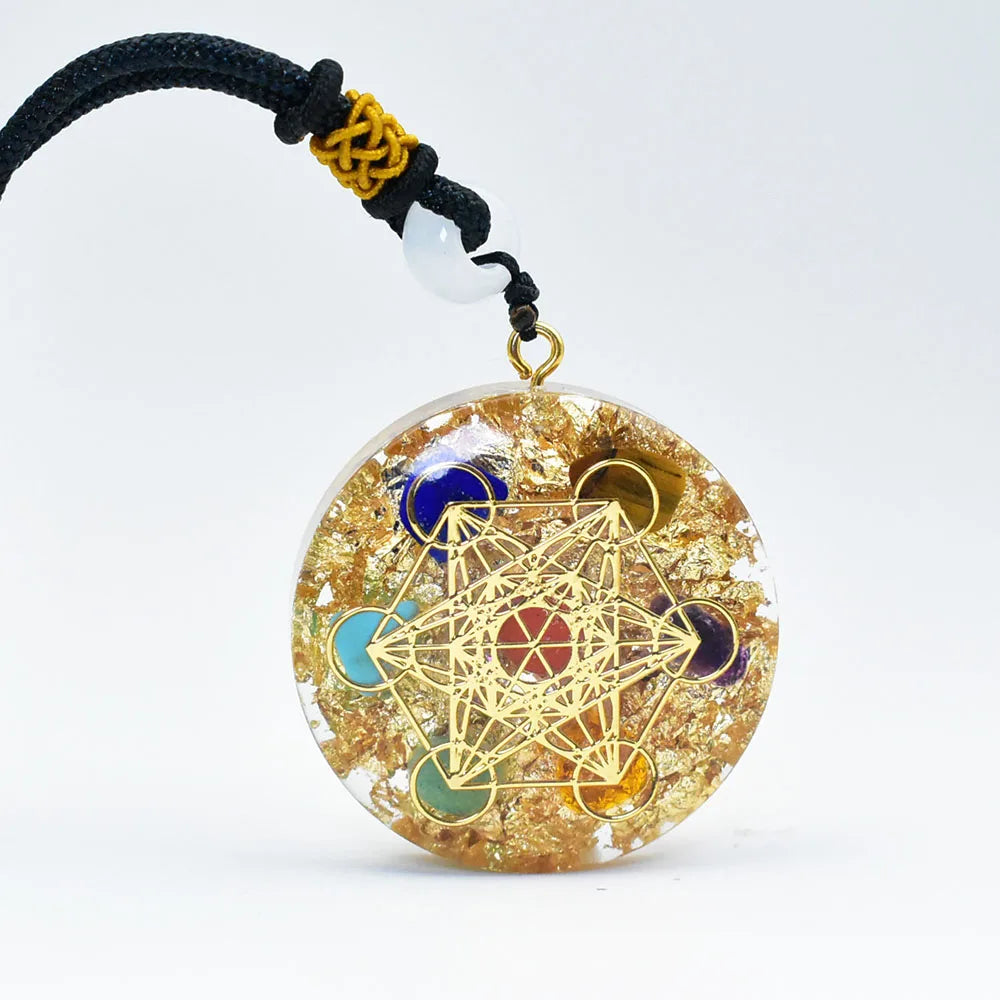 ⚛️ 7 Chakra Orgone Pendant: Metatron's Cube Sacred Geometry Necklace – EMF Protection & Reiki Healing Crystals with Gold Foil