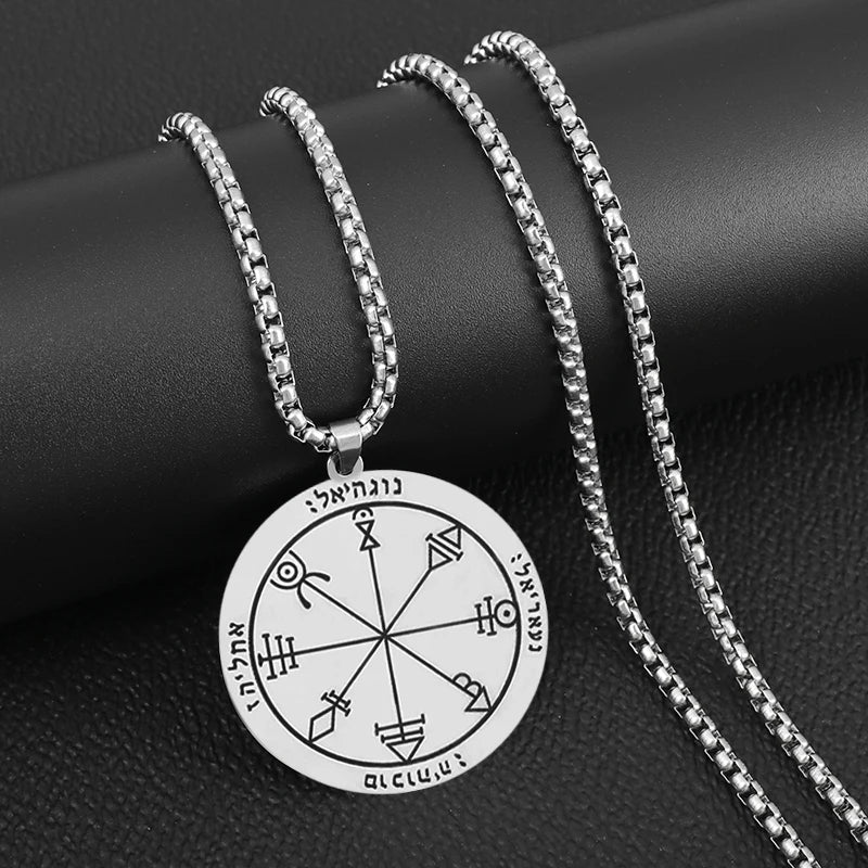✨ Stainless Steel 7 Archangel Seal Necklace – Solomon Kabbalah Seal Pendant | Men’s Supernatural Protection Amulet & Magical Jewelry AL18058-Silver