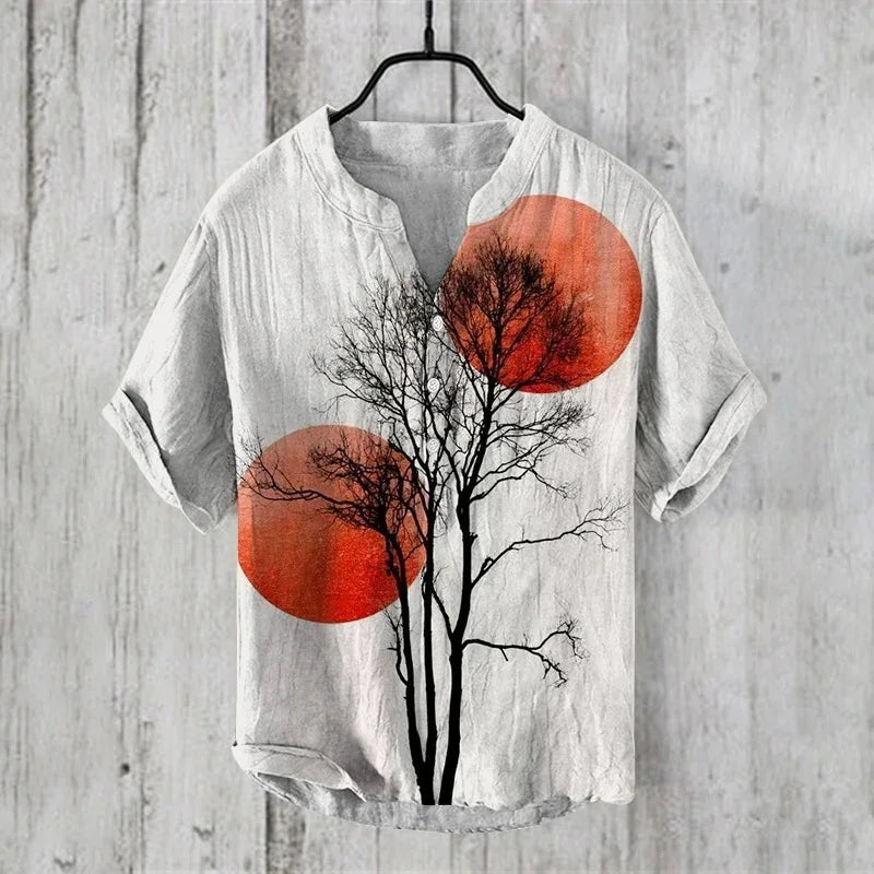 ⛩️ The Zen Crane Heritage: Premium Men’s 100% Pure Organic Linen Shirt – High-Definition Oriental Landscape Art Print, Sophisticated V-Neck Cut, and Plus Size (Up to 6XL) Luxury Casual Button-Down