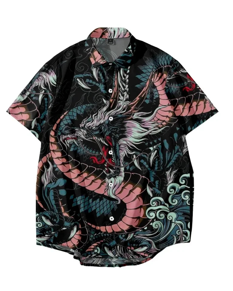 🐉 The Draconian Legacy: Premium Men’s Y2K Vintage Dragon Print Hawaiian Shirt – High-Definition Oriental Dragon Graphic, Ultra-Breathable Performance Fabric, and Sophisticated Urban Social Wear Short-Sleeve Button-Down (S-5XL)