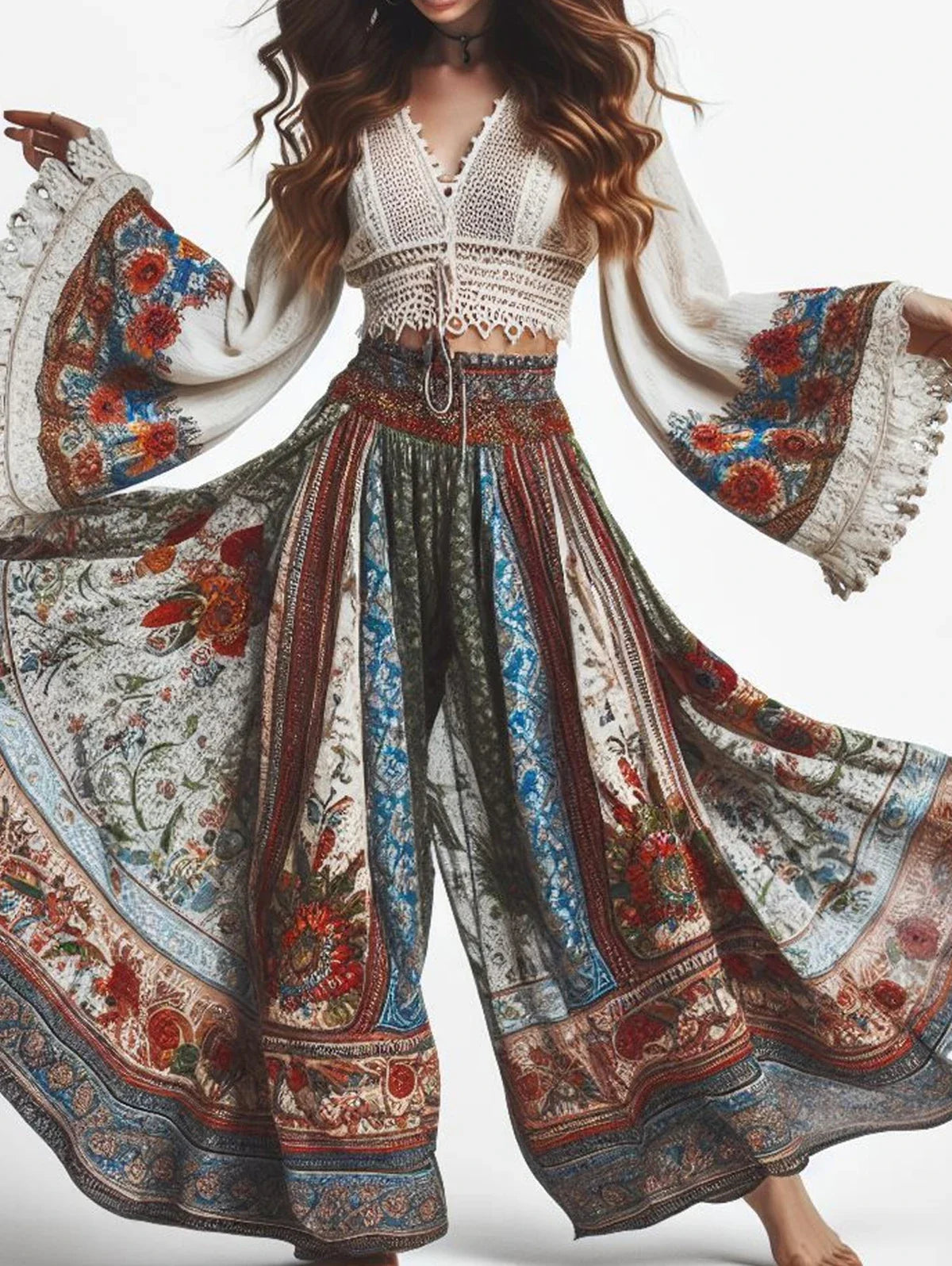 👖 Elegant Women’s Trousers – Bohemian Style Classic Retro Floral Pattern, Elastic High Waist Wide Leg Pants