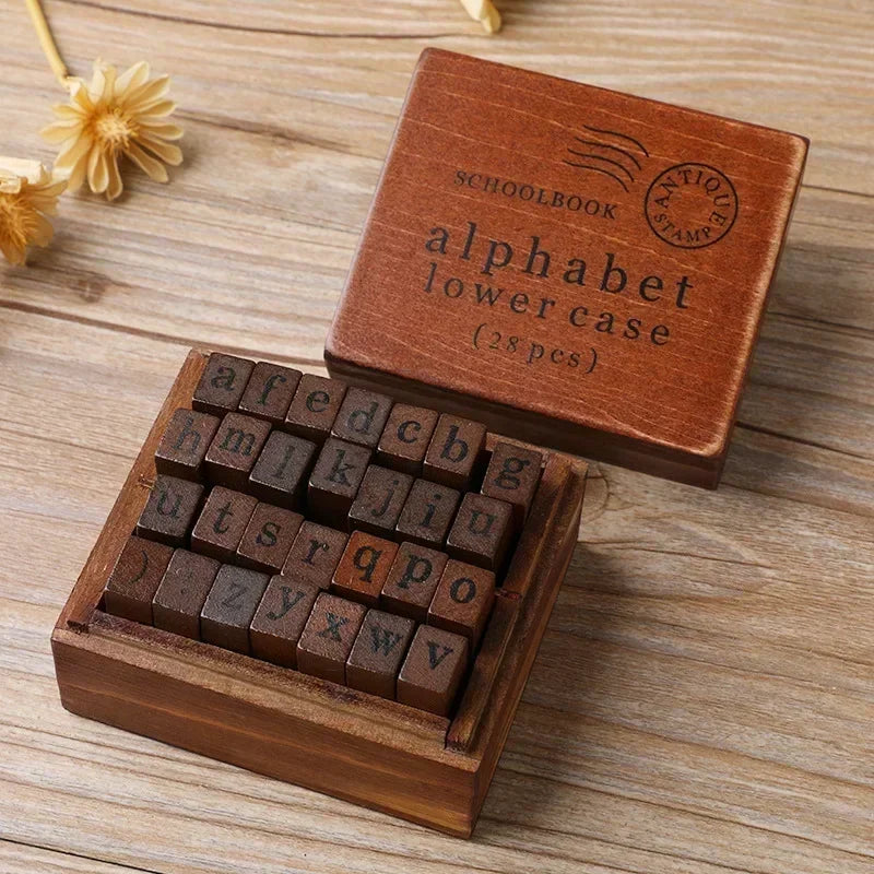🔤 Wooden Alphabet Letter Stamps Set – Vintage Uppercase & Lowercase Rubber Stamps with DIY Self Ink Pad | Perfect for Diary, Album, Handmade Art & Craft 28pcs Lowercase