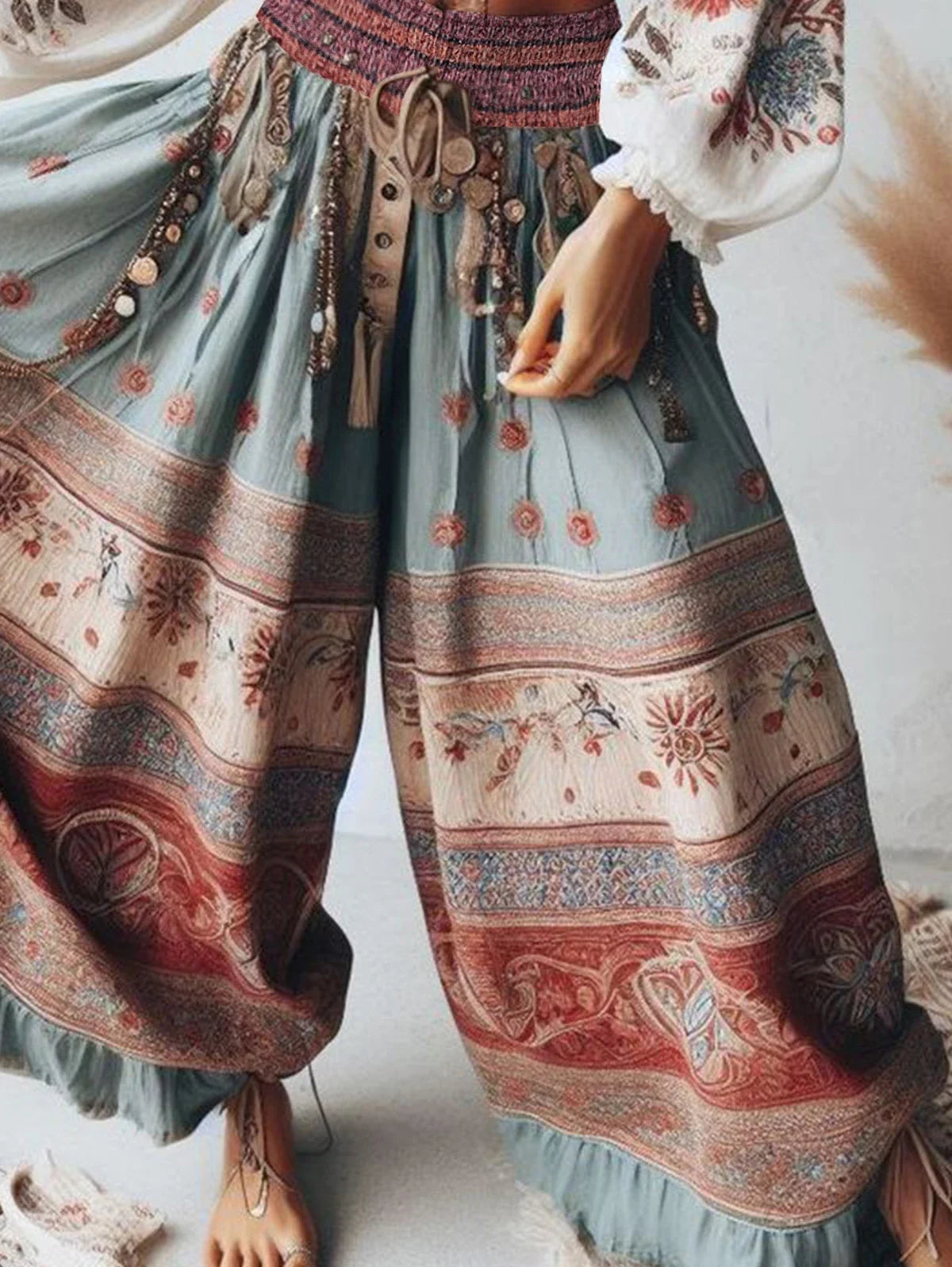 👖 Harajuku Women’s Boho Patchwork Trousers – High Waist Wide Leg Ruffle Pants with Ethnic Floral Print and Elastic Waist